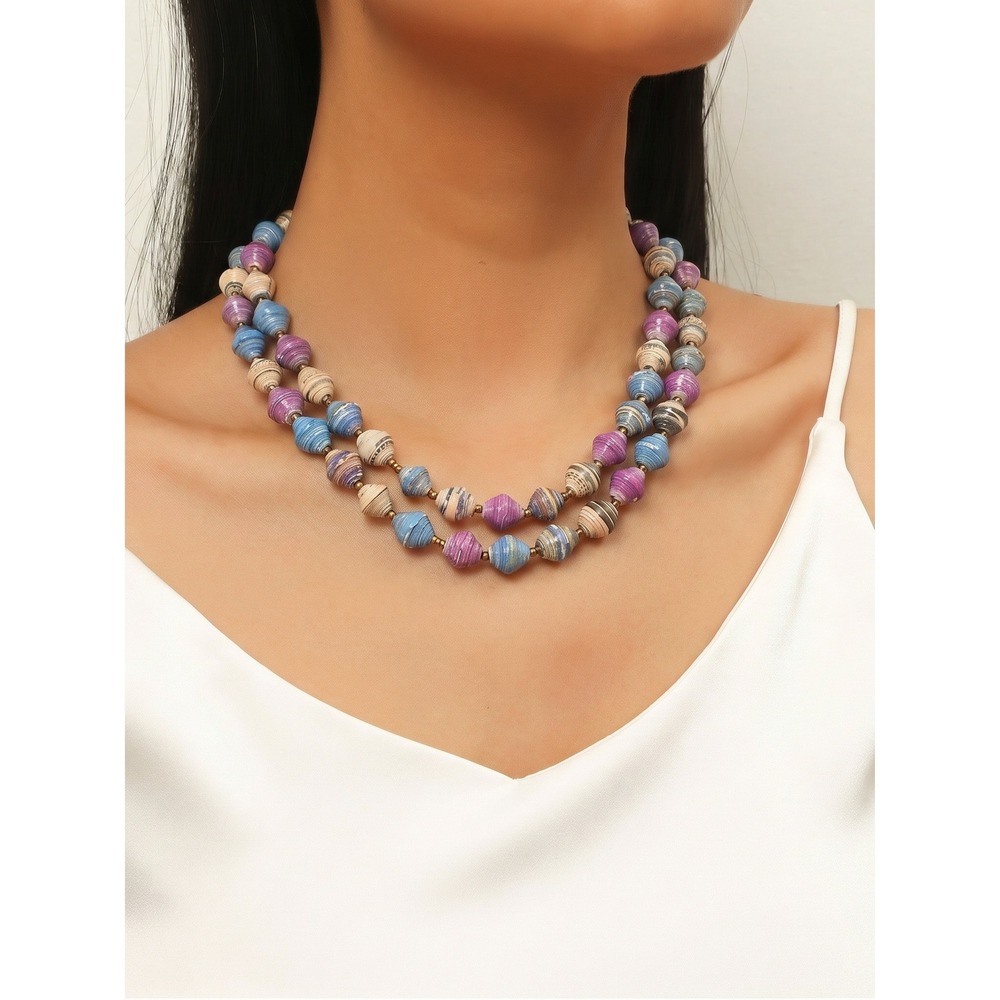 Teng Yue Handcrafted Paper Bead Necklace Purple Blue Statement 21" Vintage